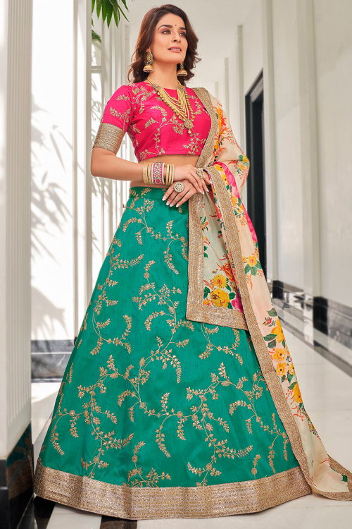 A Line Embroidered Persian Green Art Silk Lehenga Choli 