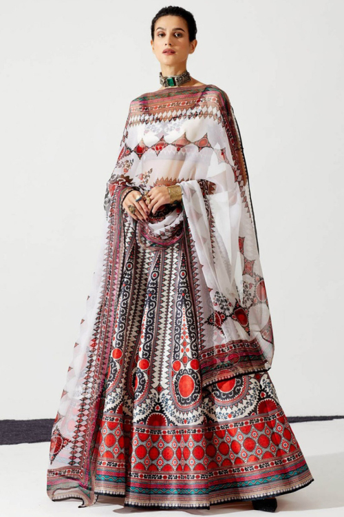 A Line Printed Chinnon Lehenga In Off White
