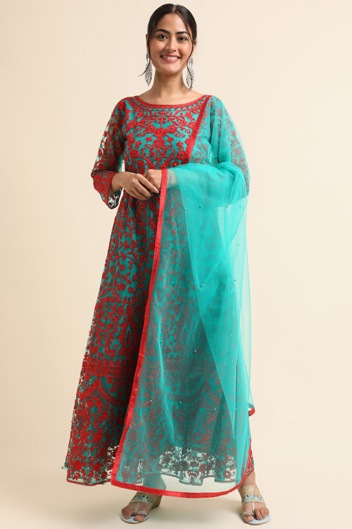 Buy Anarkali with Churidar Net Round Neck Plus Size Salwar Kameez