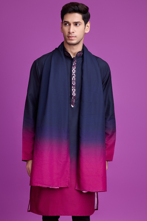 Navy Blue Rayon Placket Embroidered Straight Cut Men's Kurta