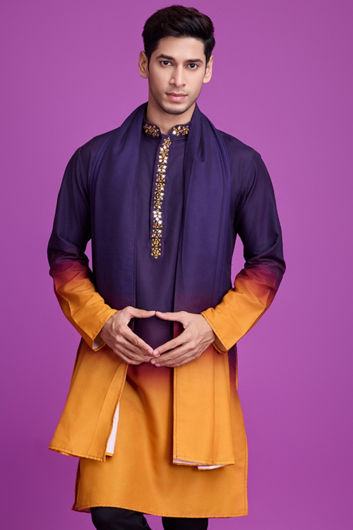 Dark Purple Rayon Ombre Printed Straight Cut Men's Kurta