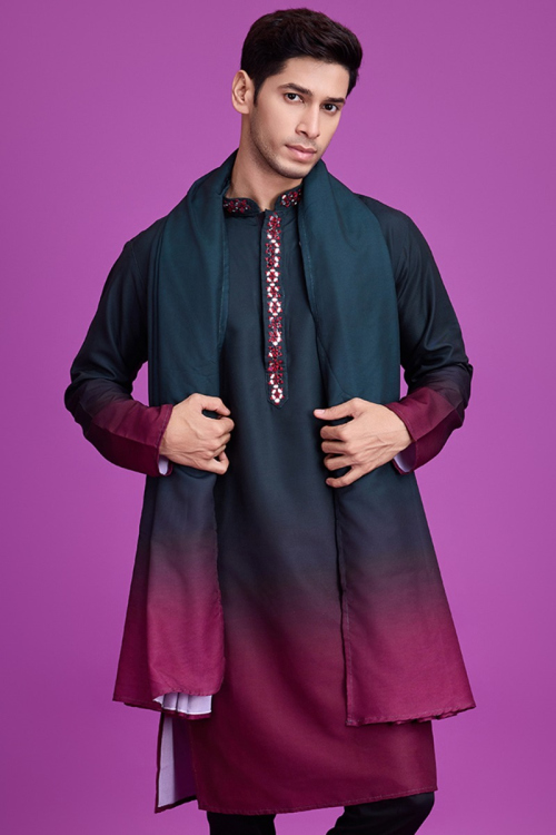 Teal Blue Rayon Ombre Printed Straight Cut Men's Kurta