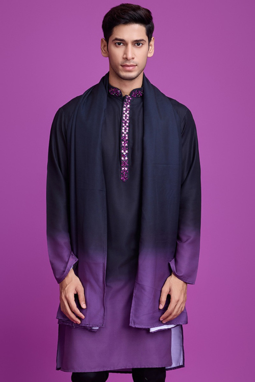 Rayon Navy Blue Ombre Printed Straight Cut Men's Kurta
