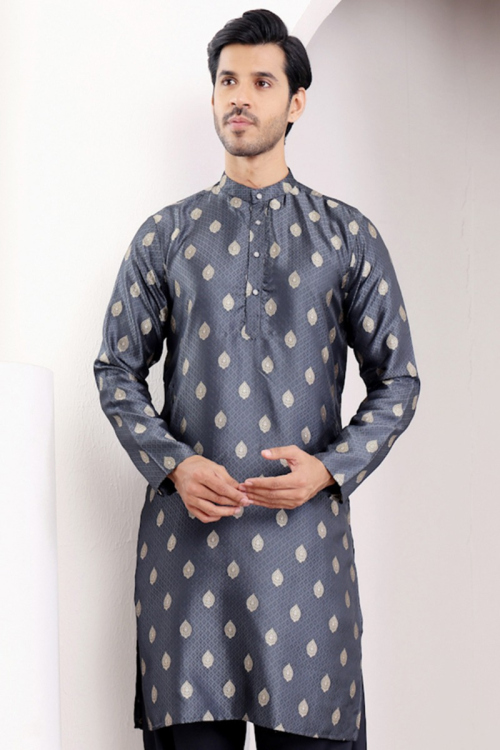 Navy Blue Silk Woven Zari Straight Cut Men's Kurta
