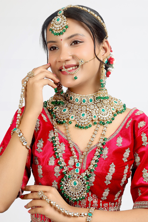 Alloy Green Beads Embellished Wedding Wear Bridal Set