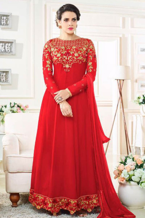 Prom Red Georgette Anarkali Churidar Suit With Dupatta - Dmv14732