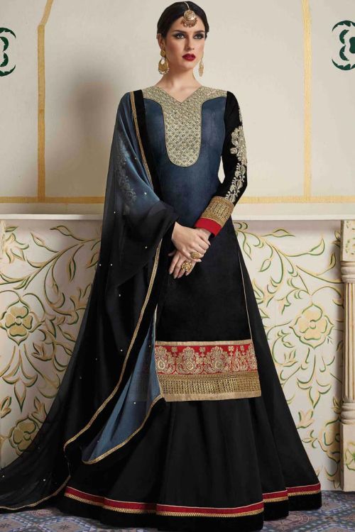 Black Silk Lehenga Choli with V-Neck Full Sleeve Blouse