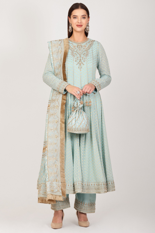 Noor-E-Mint: Silk Georgette Embroidered Anarkali Suit in Soft Mint Green