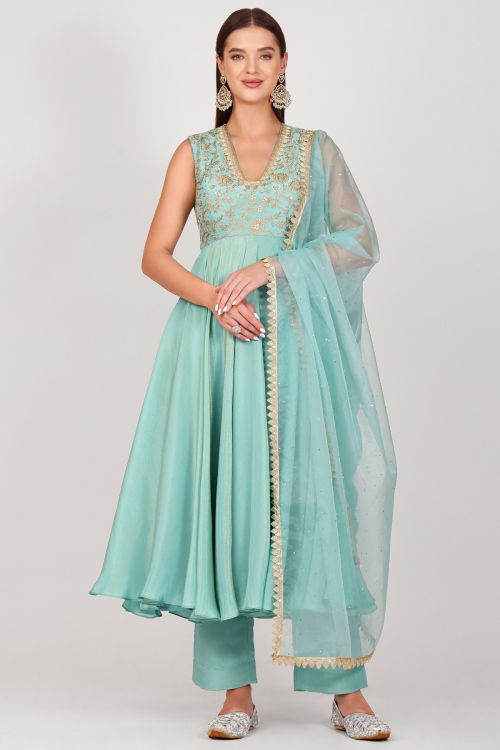 Noor Seafoam Embroidered Anarkali Set 