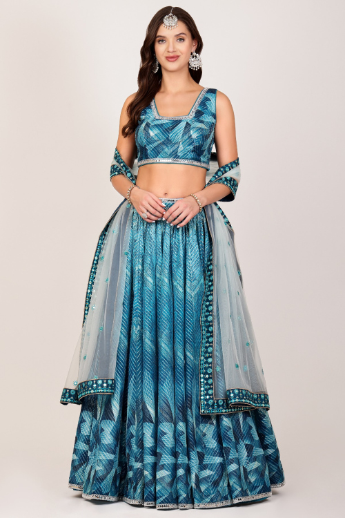 Aqua Nisha Mirror Work Printed Lehenga Set in organza 