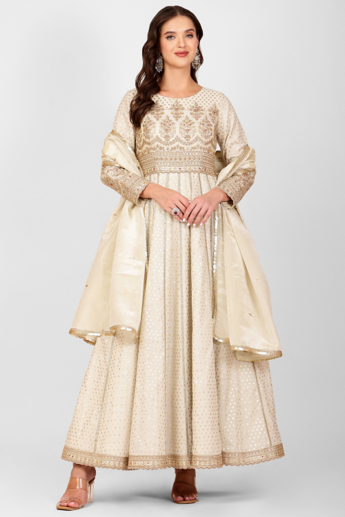 Noor-e-Shehnai Beige Sequin Hand Embroidered Anarkali in Silk chanderi 