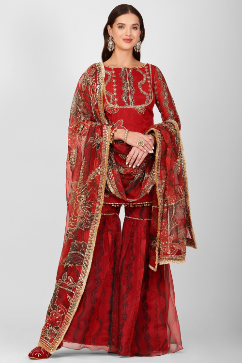 Organza Deep Red Embroidered Straight Cut Sharara Suit 