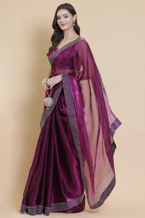 fitted lace wedding dress Purple Saree Gown With Belt