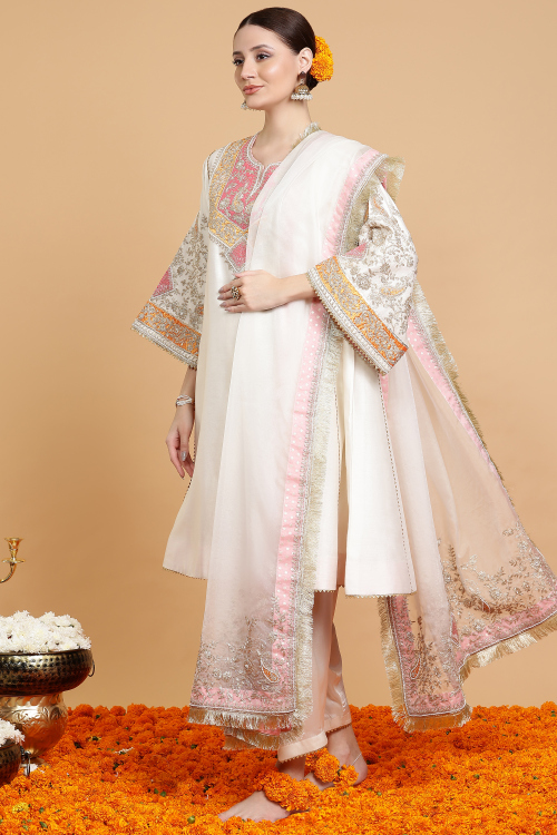 GUSTAKHIYAN – Rose-Touched Ivory Handcrafted Kalidar Choga Suit