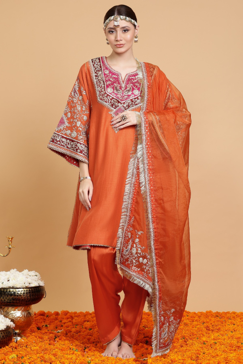 GUSTAKHIYAN – Rust Orange Luxe Handcrafted Kalidar Choga Set