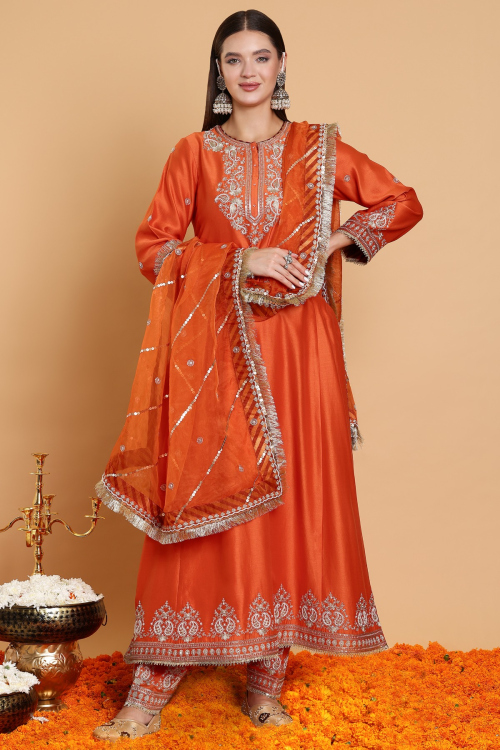 GUSTAKHIYAN – Surkh Narangi Embroidered Long Choga Kurta Set