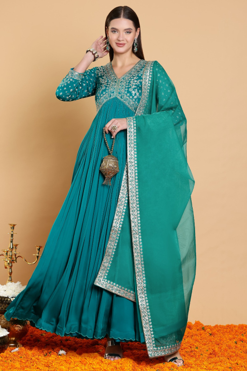 GUSTAKHIYAN – Husan-E-Bahar Teal Blue Zari Anarkali Suit