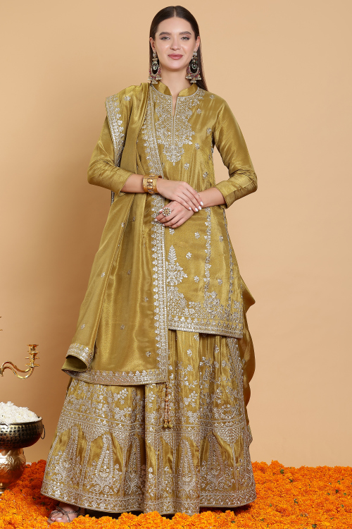 GUSTAKHIYAN - Classic Vintage Olive Green Embroidered Lehenga 
