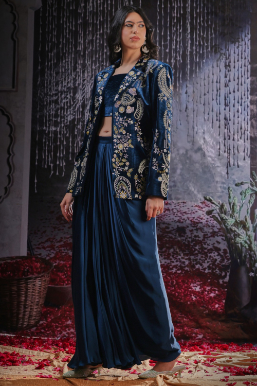 GUSTAKHIYAN – Parvaaz-e-Neelam Navy Embroidered Jacket with Draped Bottom Set