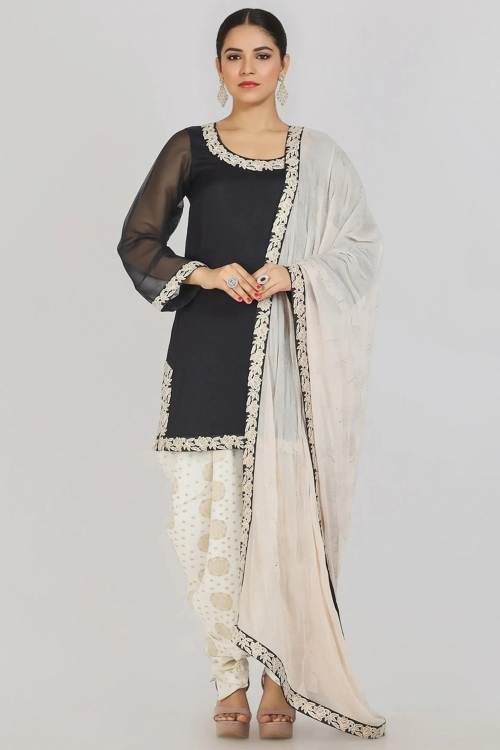 Organza Black Embroidered Straight Cut Dhoti Suit