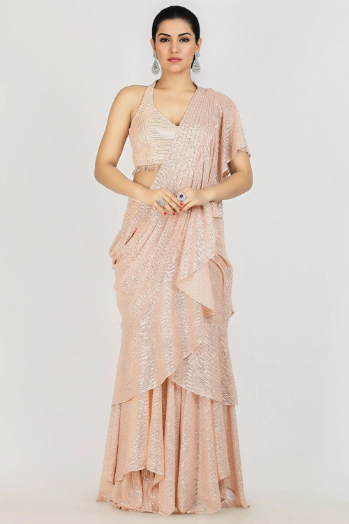 Light Peach Net Sequins Embroidered Heavy Saree 