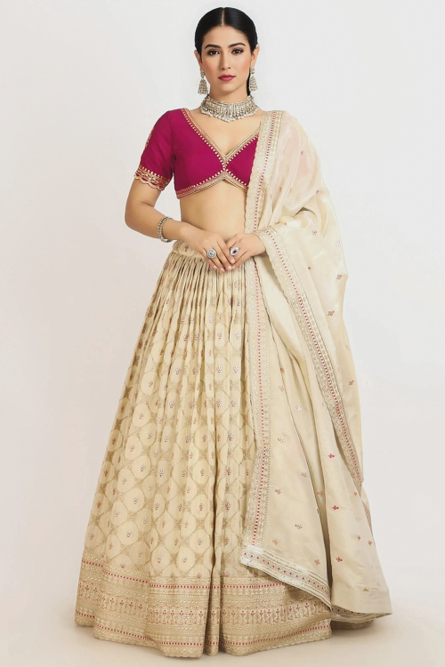 Silk Cream Beige Embroidered Flared Lehenga 