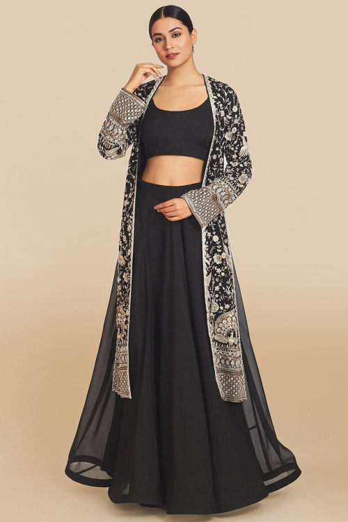 Black Organza Lehenga With Sequins Embroidered Jacket
