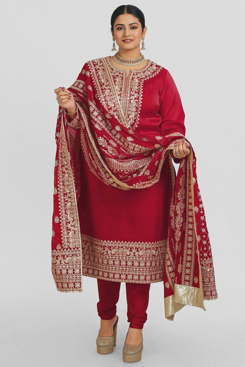 Red Satin Silk Embroidered Straight Cut Suit With Churidar 