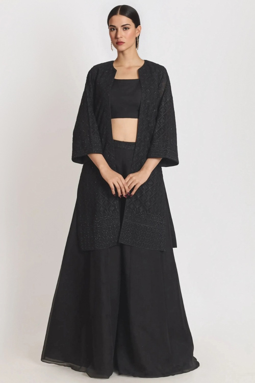 Black Organza Embroidered Jacket Style Palazzo Suit