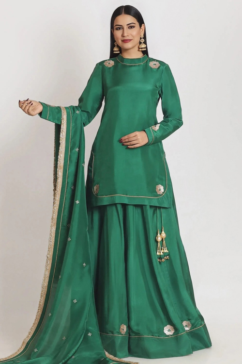 Bottle Green Soft Silk Embroidered Long Choli Lehenga
