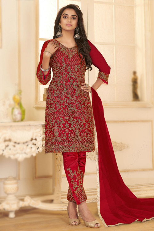 Red Net Embroidered Indian Wedding Wear Trouser Suit