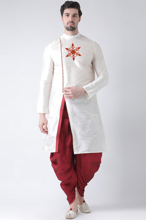 Angrakha Style Off White Dupion Silk Embroidered Men's Kurta With Dhoti