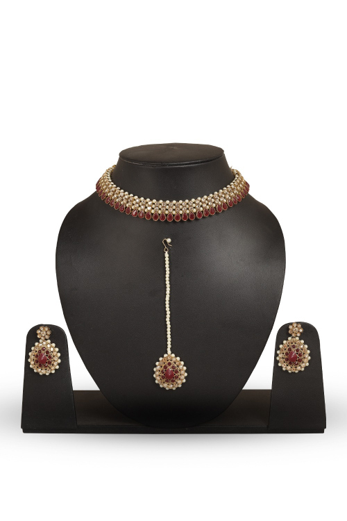 Pearl Beaded Floral Choker Set with Maroon Stone Centerpiece