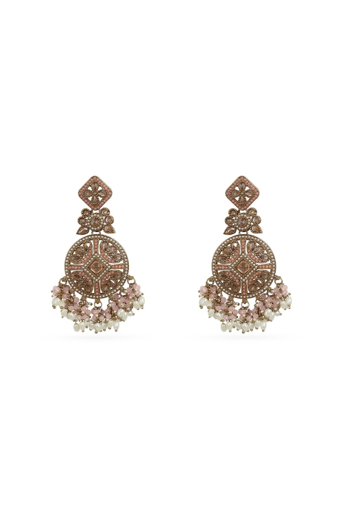 Light Pink Beaded Dangle Earrings With Gold-Plated Finish
