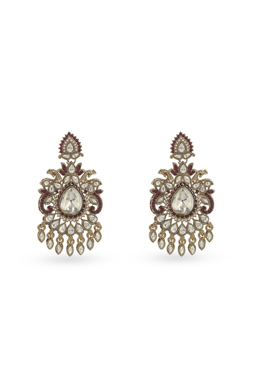 Dark Maroon Kundan Work Earrings with Gold-Plated Finish