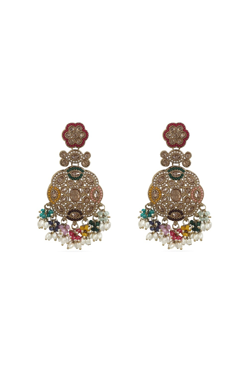 Multi Color Beaded Dangle Earrings With Gold-Plated Finish