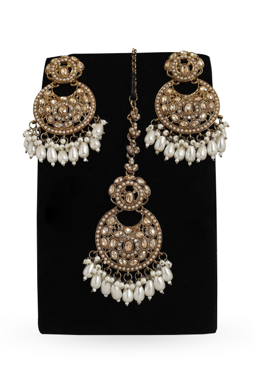 Gold Stone Artificial Earrings with Maang Tikka for Weddings