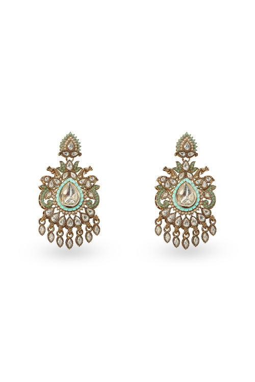 Mint Green Kundan Work Earrings with Gold-Plated Finish