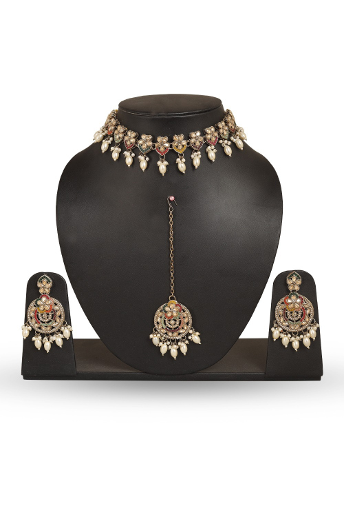 Pearl Drop Choker Set with Multicolor Tikka & Earrings