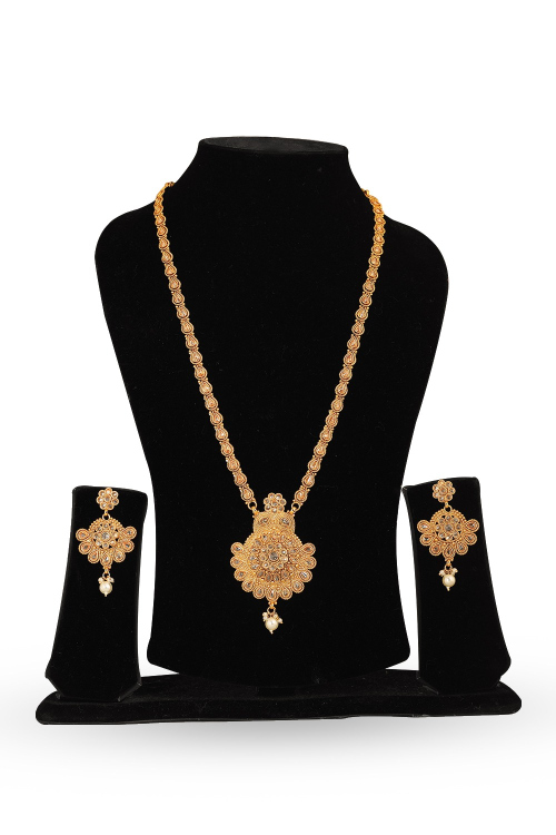 Stone Work Gold Plated Jewelry Set with Pearl Drops