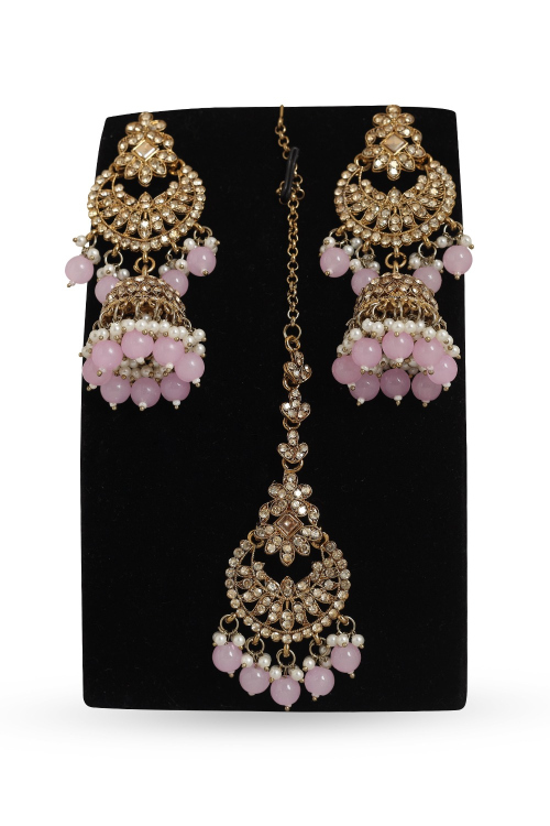 Lavender Pink Stone Earrings With Maang Tikka