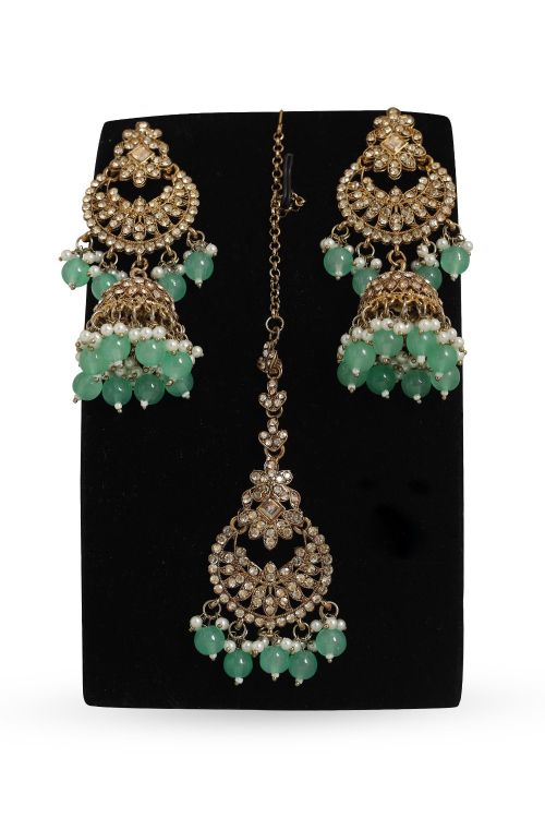 Mint Green Stone Earrings With Maang Tikka