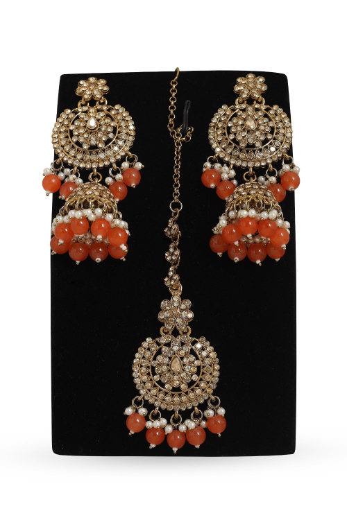 Orange Stone Jhumkas With Maang Tikka