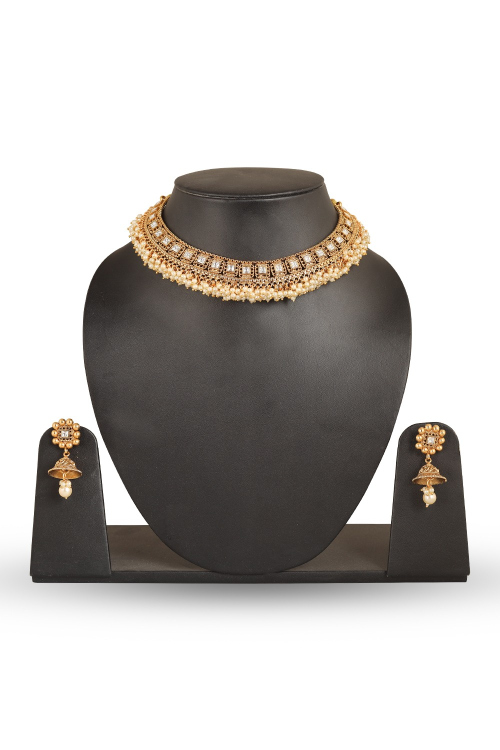Golden Pearl Choker Set with Dome Jhumkas & Tikka