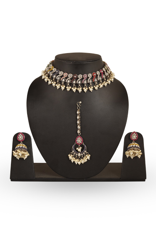 Kundan Choker with Bead Fringe & Dome Jhumkas Set