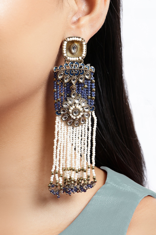 Prussian Blue Traditional Kundan Earrings For Weddings