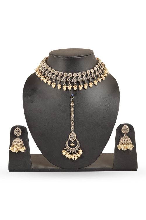 Silver Choker with Pearl Jhumkas & Maang Tikka Set
