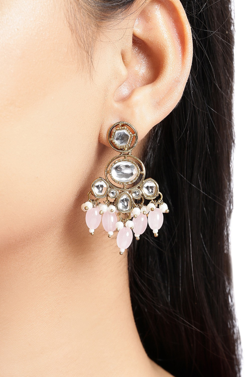 Pale Pink Gold Pleated Earrings With Beads Work For Festival 