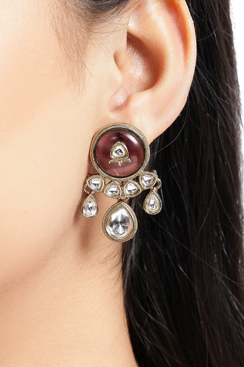Wine Maroon Stud Earrings With Stone Work For Festival