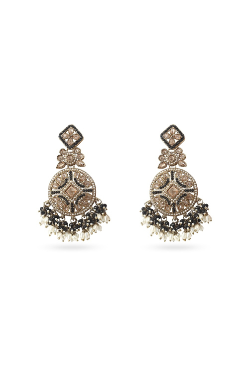 Black Beaded Dangle Earrings With Gold-Plated Finish